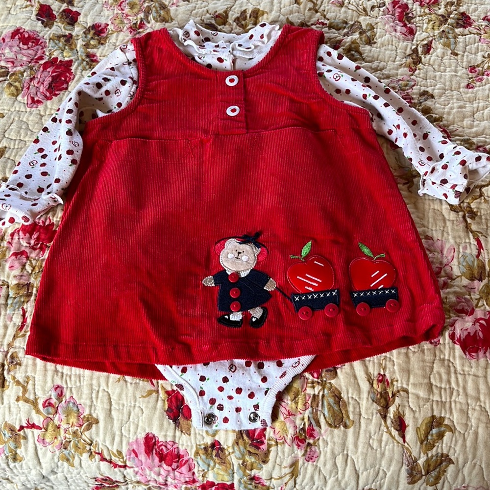 by kids/ red corduroy jumper & onesie, polyester & cotton, size 3/6 mo New $35